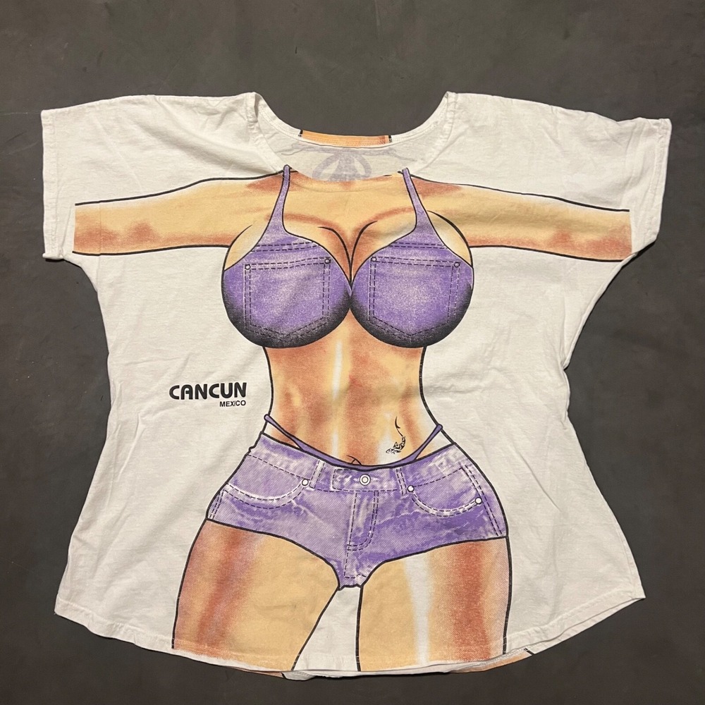 Vintage Swimwear Cover-Up T-Shirt Cancun Purple Bikini All Over Print One Sz